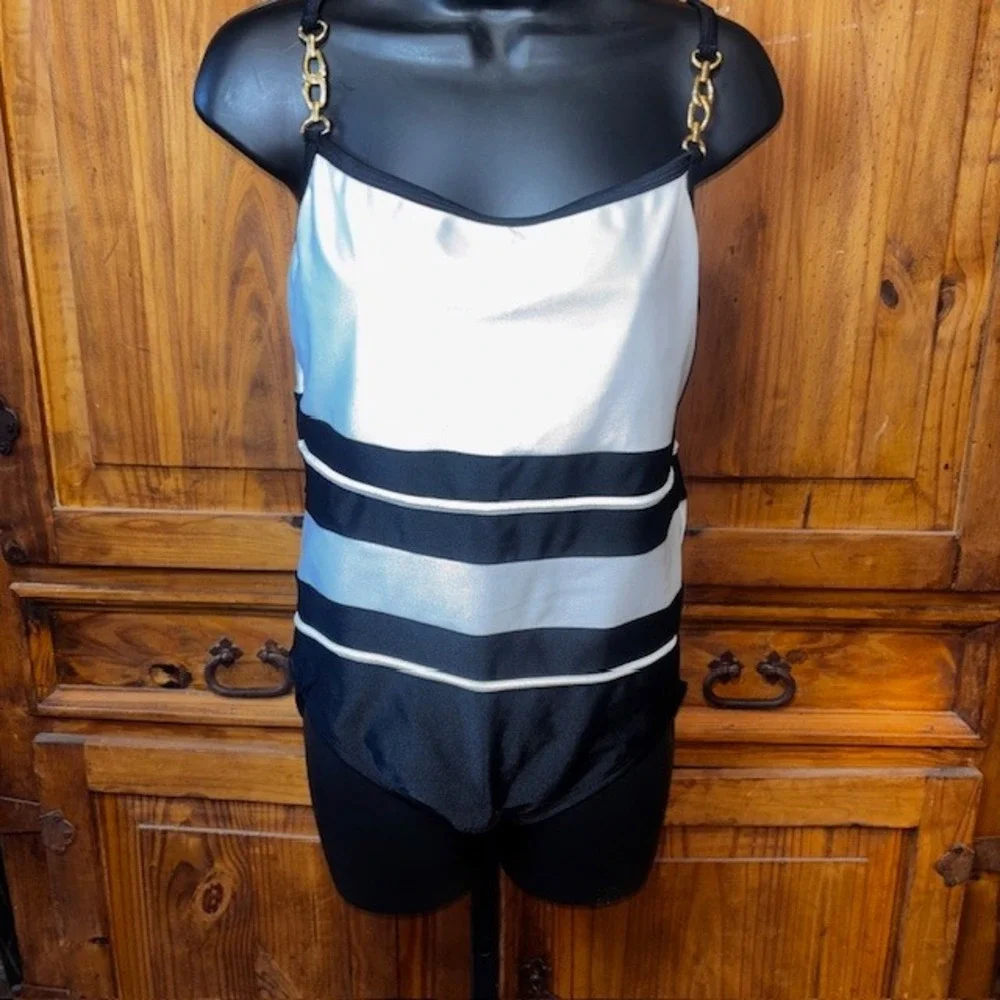 Crossing Pointe Womens One Piece Swimsuit Black White Gold Chain Straps Size 12